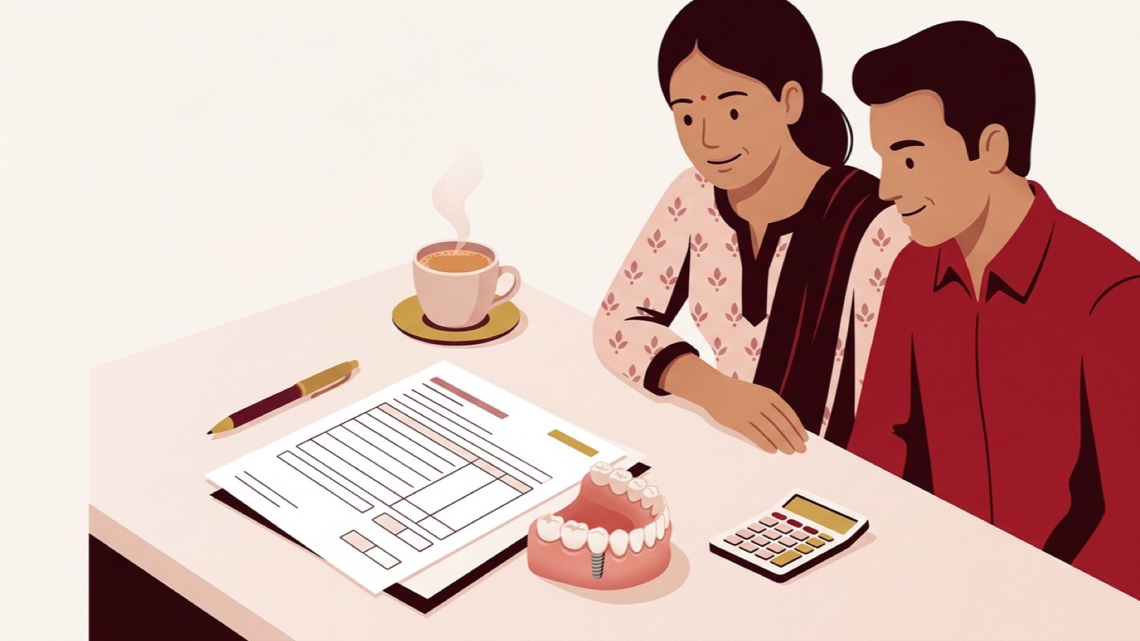 Illustration of a treatment estimate, an implant model and a calculator on a desk