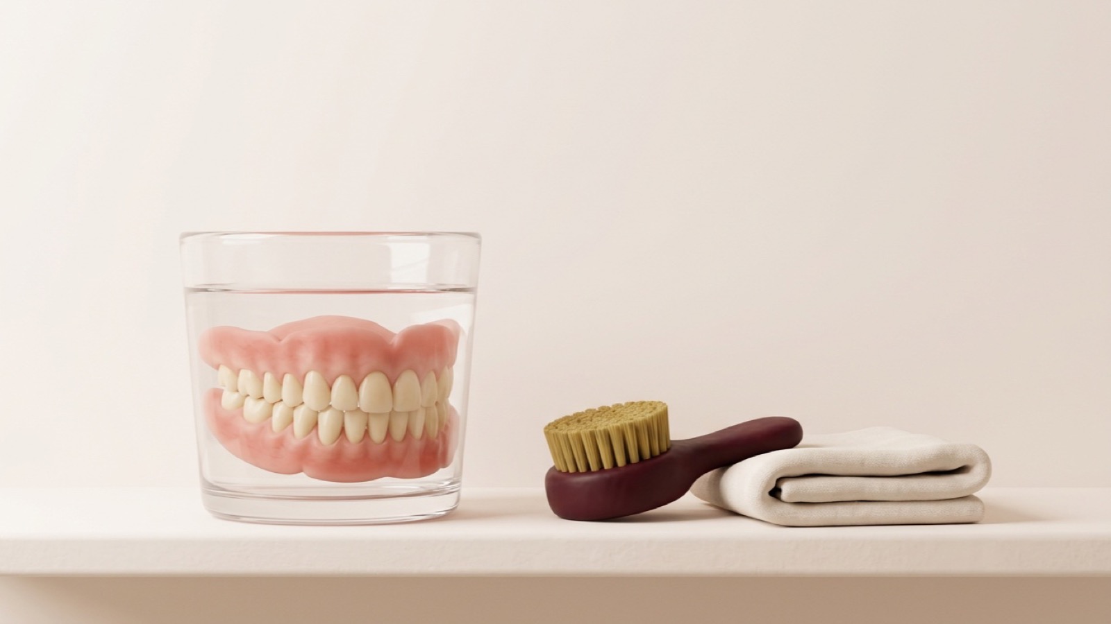 Illustration of a denture soaking in a glass of water beside a denture brush