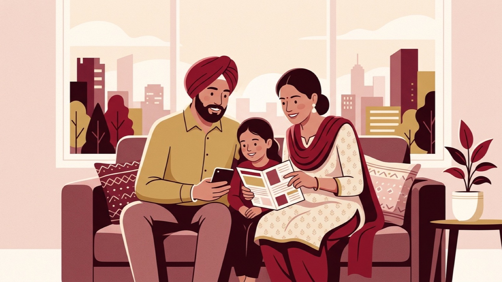 Illustration of a family at home deciding on a dentist together