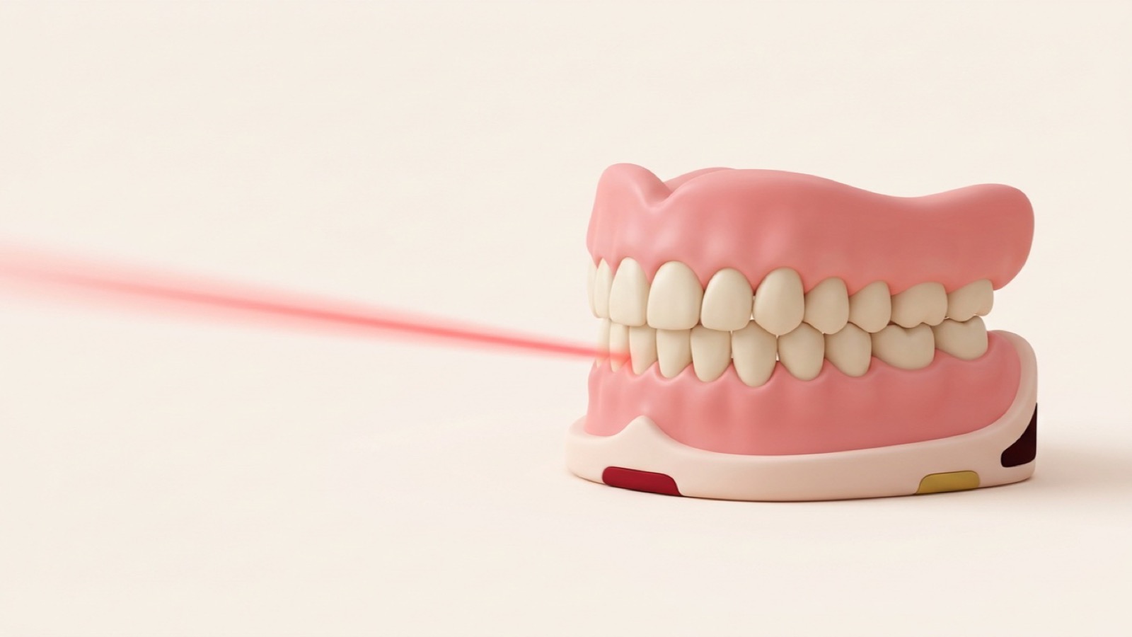 Illustration of a gentle laser beam on a model of teeth and gums