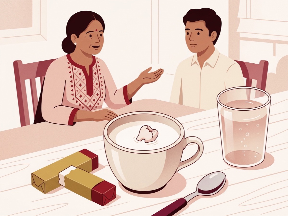 Illustration of a broken tooth piece saved in a cup of milk