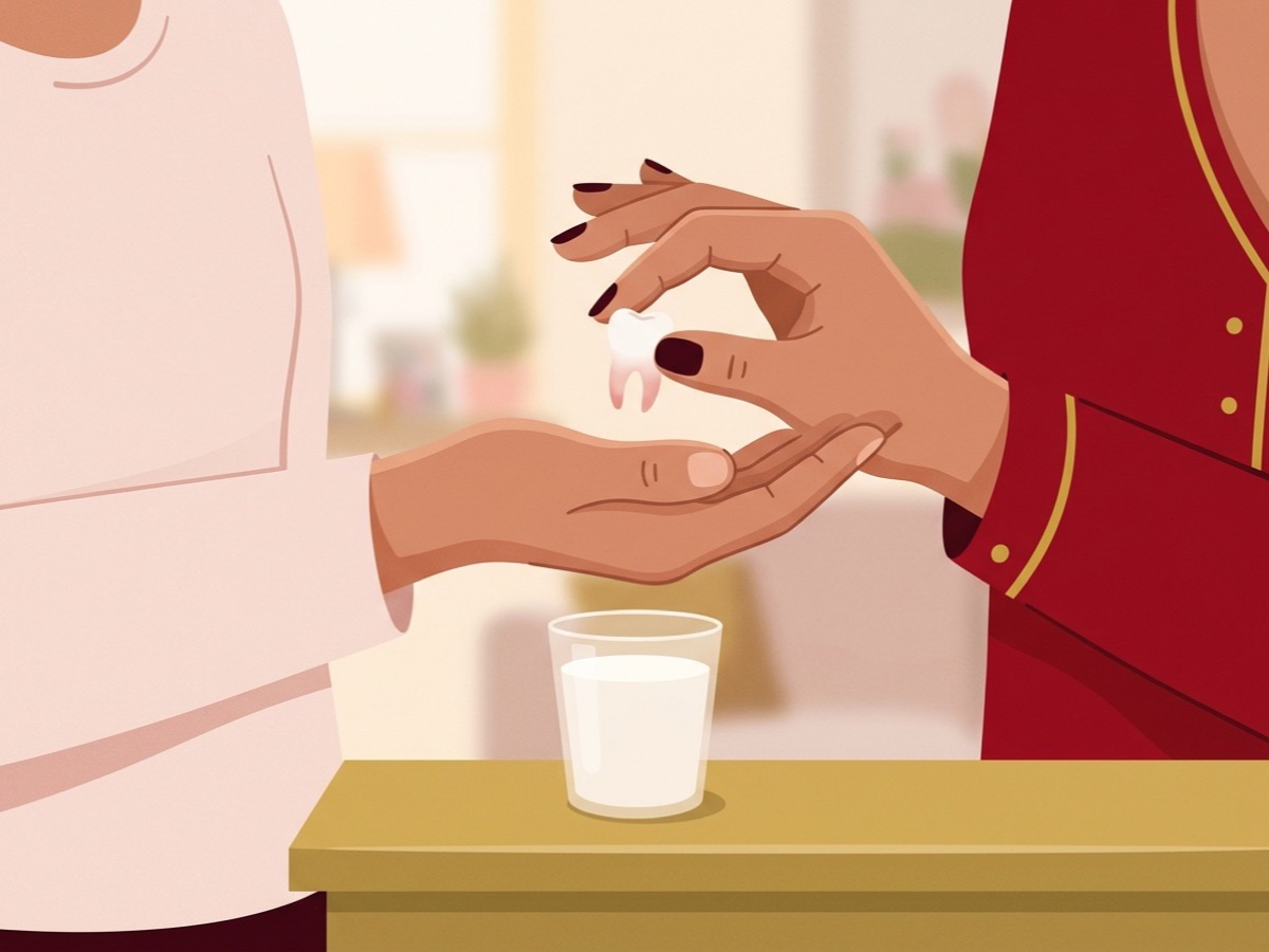 Illustration of a knocked-out tooth held by its crown over a glass of milk