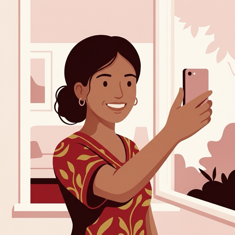 Illustration of a woman photographing her smile with a phone