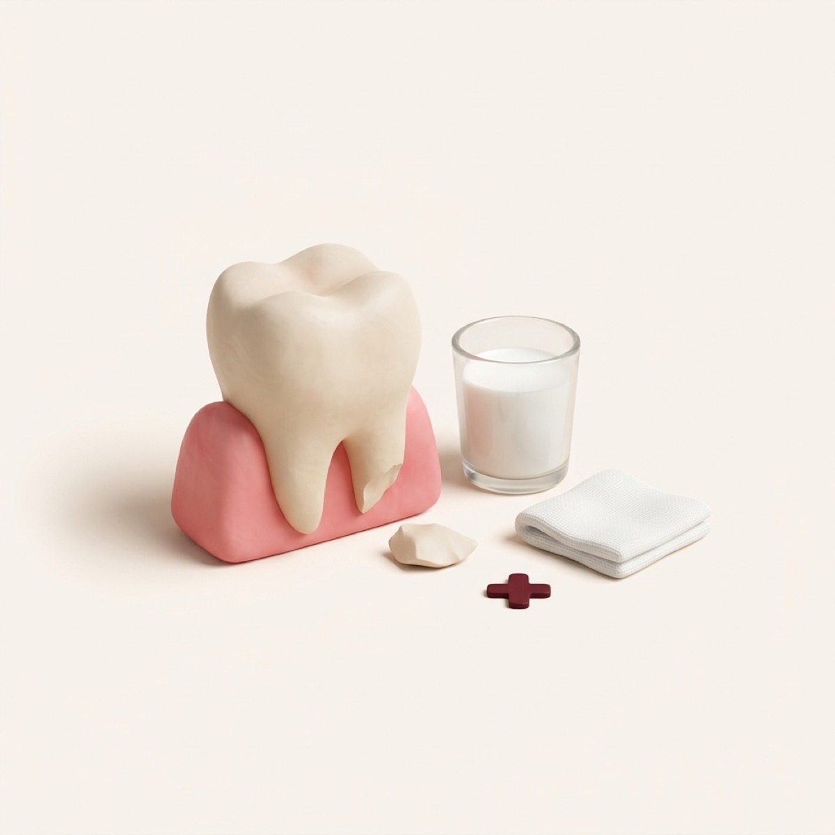Illustration of a chipped tooth beside a glass of milk and gauze