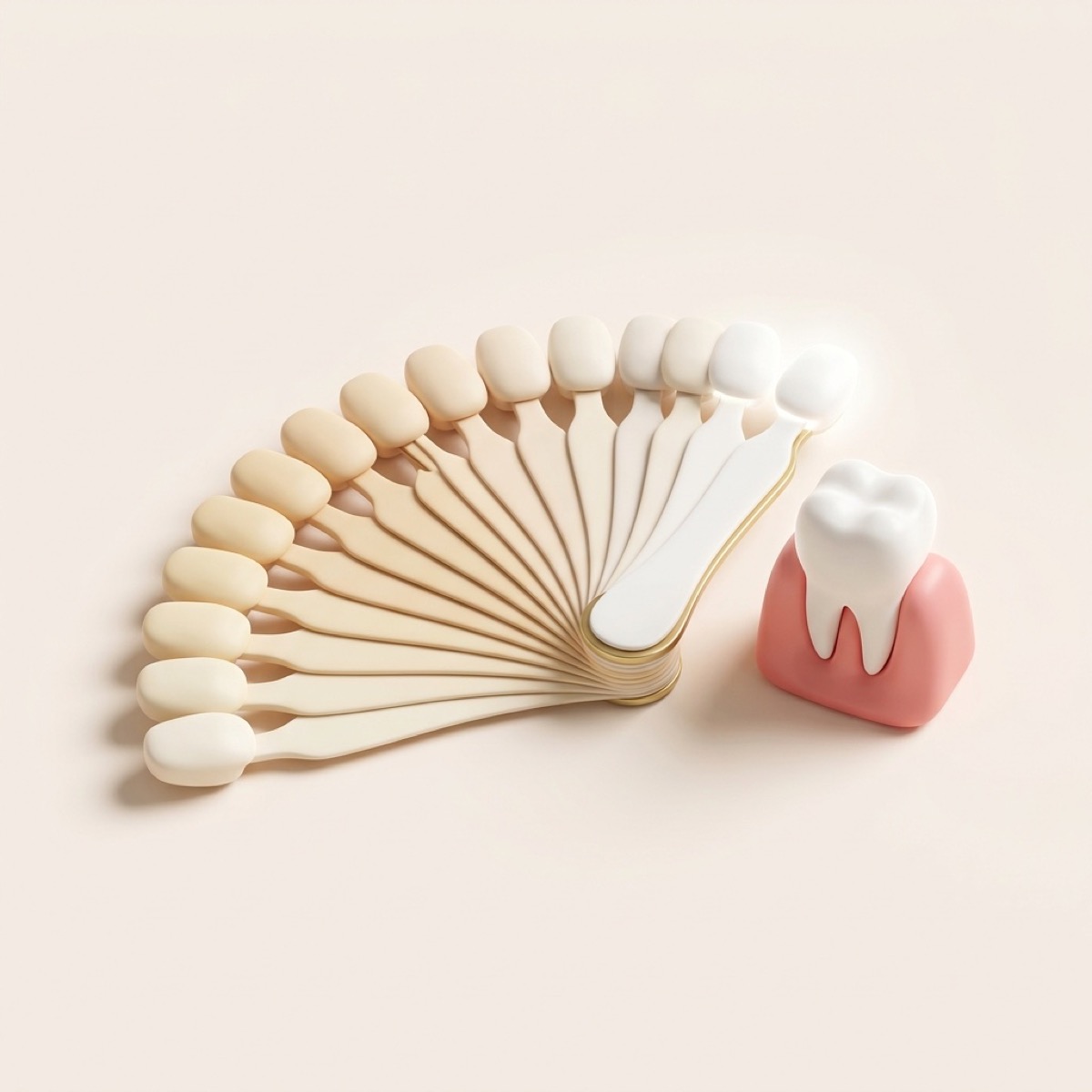 Illustration of a tooth shade guide next to a bright tooth